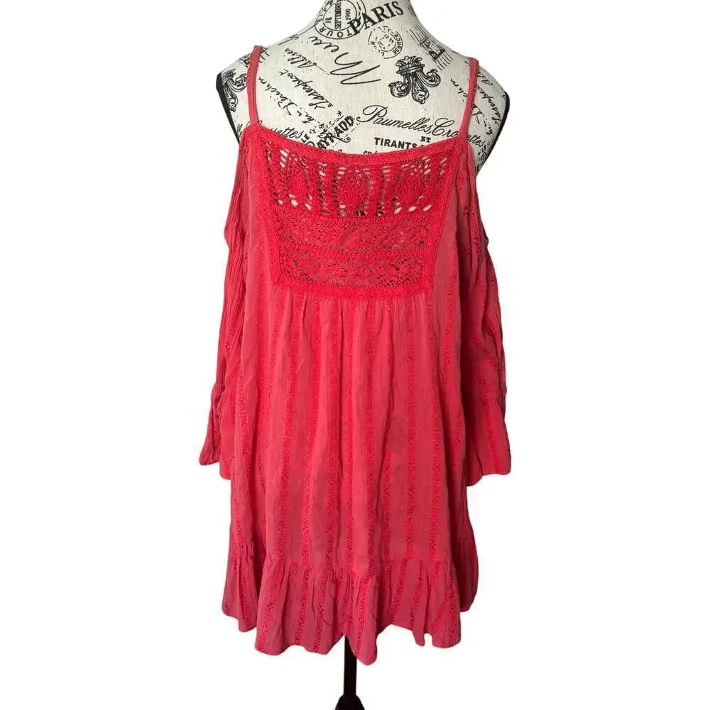 Free People Boho Coral Beaded Crochet Dress